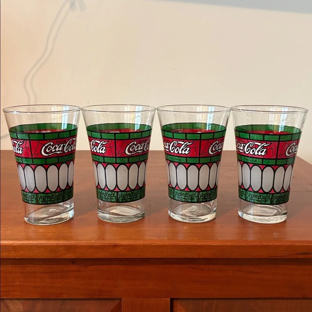 Vintage Coca Cola Tiffany Style Glasses Set of 4 Retro Stained Glass Tumblers